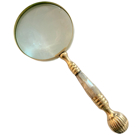 EVENCHAE Mother of Pearl & Brass Magnifying Glass, 4X Magnifier, 4"W Lens, 10"L - Picture 2 of 7